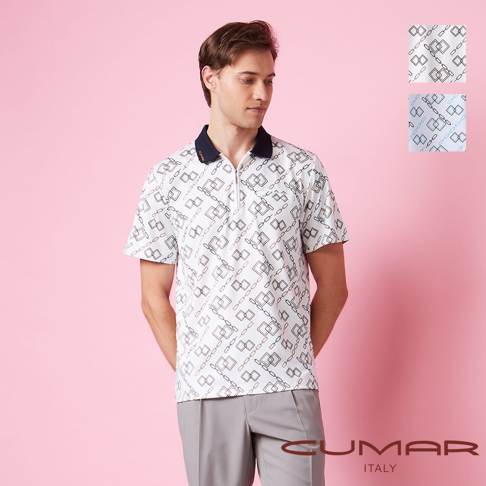 CUMAR 男裝短袖羅紋領印花拉鍊吸濕排汗POLO衫 / 258230