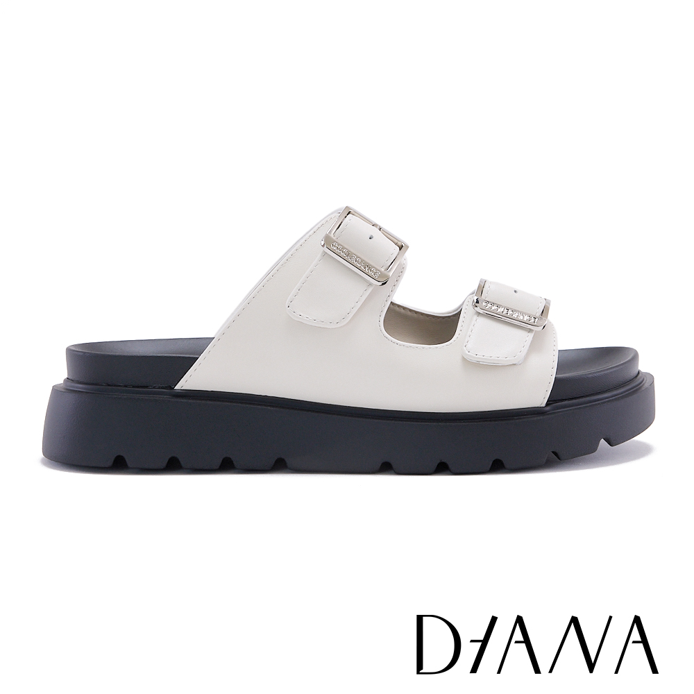 DIANA 時髦雙寬帶牛皮環扣厚底拖鞋 米色 #55013