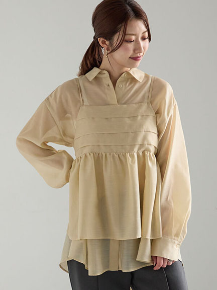 【SET ITEM】光澤感吊帶背心+透膚翻領襯衫(0F000750210) - Te chichi