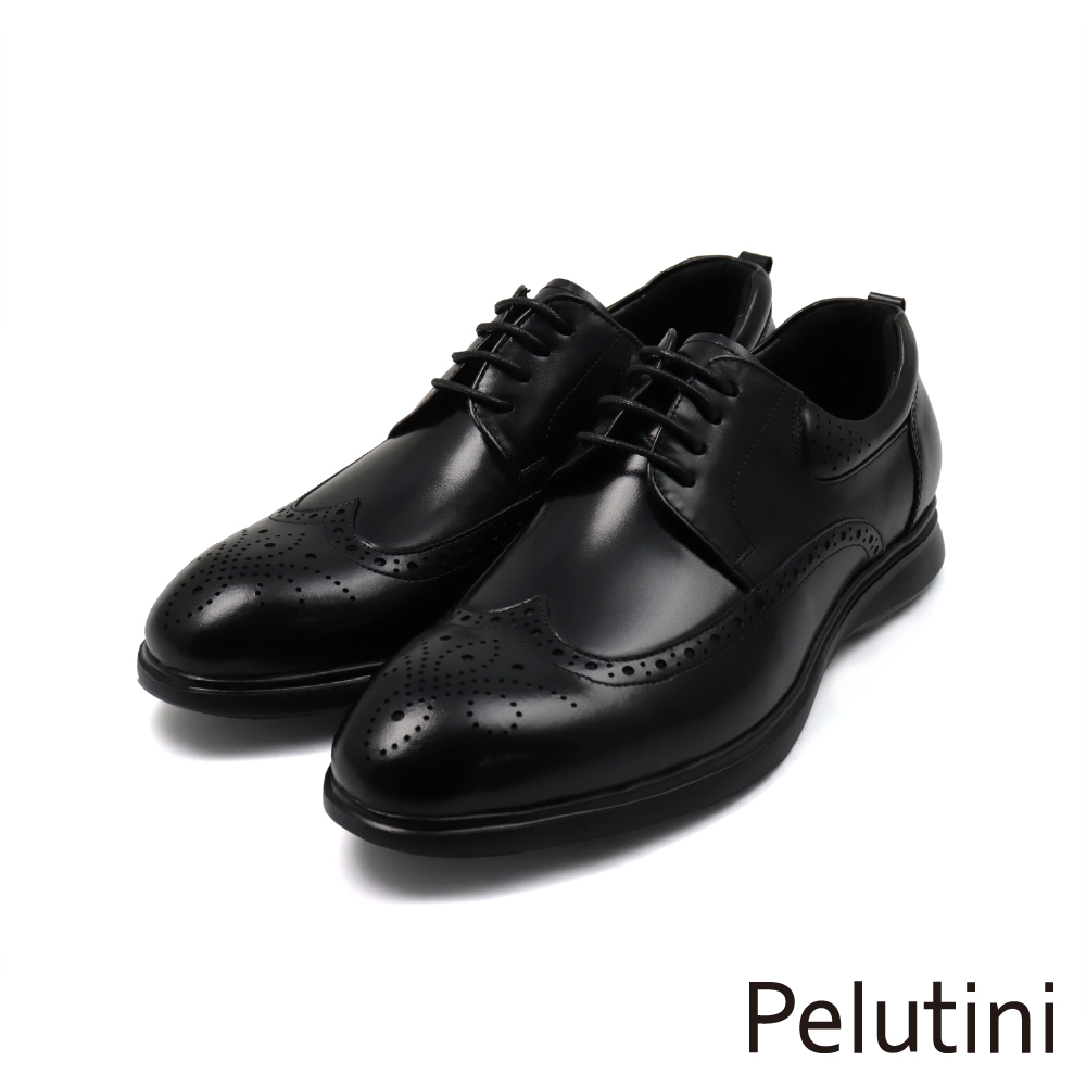 【Pelutini】經典舒適氣墊綁帶翼紋雕花德比鞋 黑色(PO511119-BL)