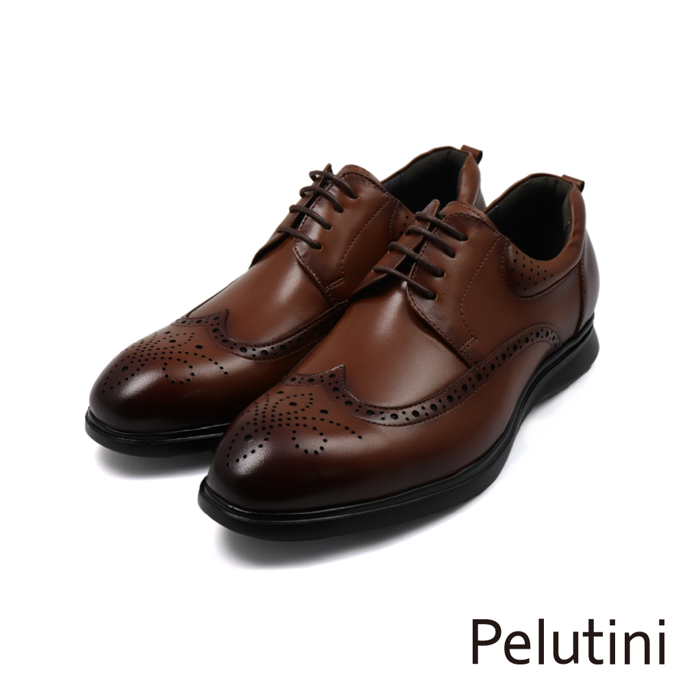 【Pelutini】經典舒適氣墊綁帶翼紋雕花德比鞋 棕色(PO511119-BR)