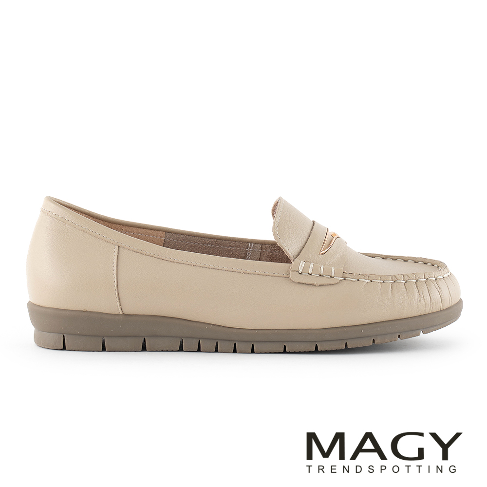 MAGY 牛皮素面質感飾釦樂福平底鞋 杏色 #15345
