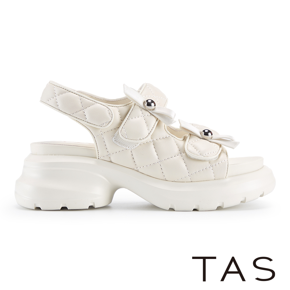 TAS 羊皮繡格蝴蝶結造型厚底涼鞋 米白 #45328