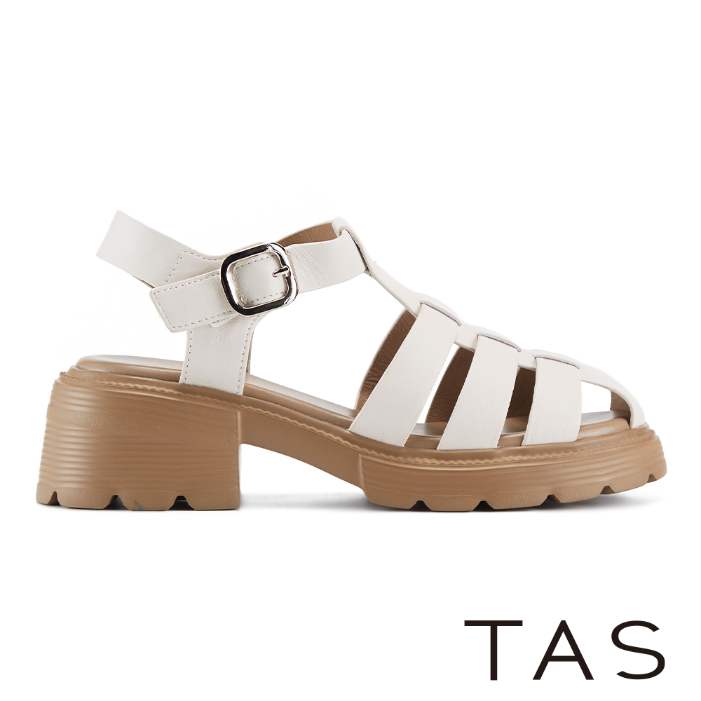 TAS 經典牛皮漁夫編織粗跟厚底涼鞋 米白 #45110