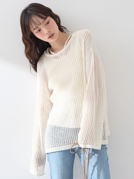 【SET ITEM】透明感網眼圓領長袖上衣+內搭背心(01000326000) - earth music&ecology