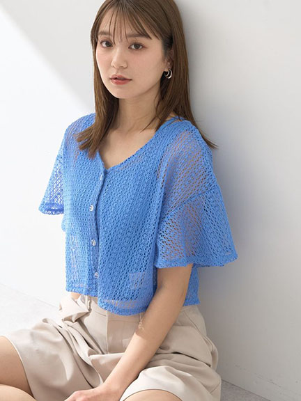 【SET ITEM】短版V領短袖蕾絲罩衫+內搭背心(01000325900) - earth music&ecology