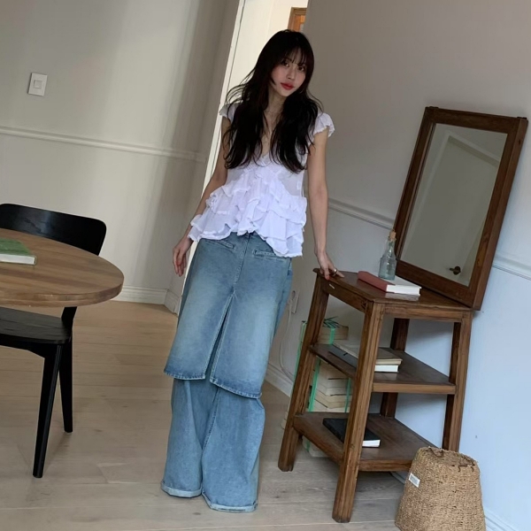 韓風不規則花邊拼接V領無袖上衣．白鳥麗子_8