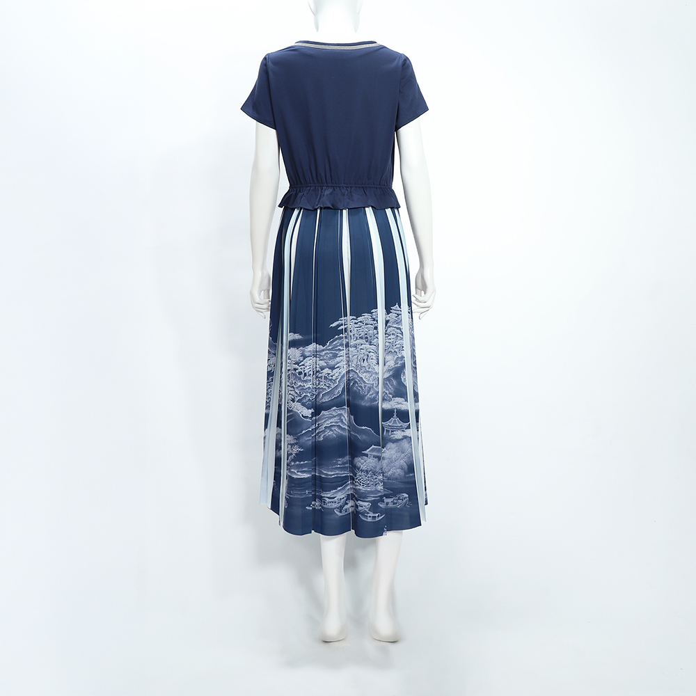 ILEY伊蕾 海浪印花拼接純棉洋裝(深藍；M-2L)_4