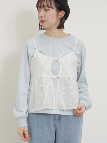 【SET ITEM】透膚綁帶吊帶上衣+線條配色長袖上衣(0F000557110) - Samansa Mos2