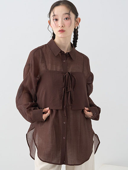 【SET ITEM】透膚長袖襯衫+前後穿綁結背心(01000688500) - earth music&ecology