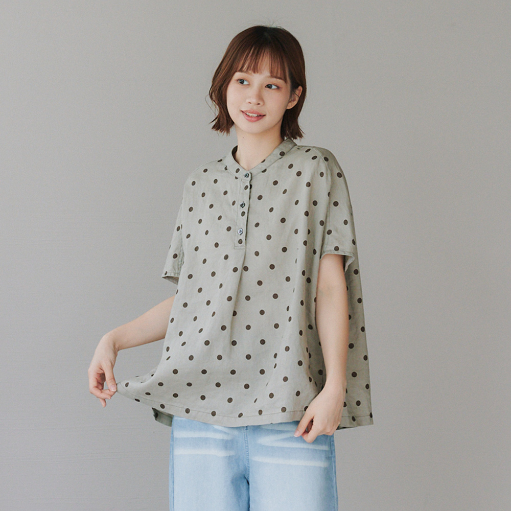 亞麻圓點半開襟上衣 灰F