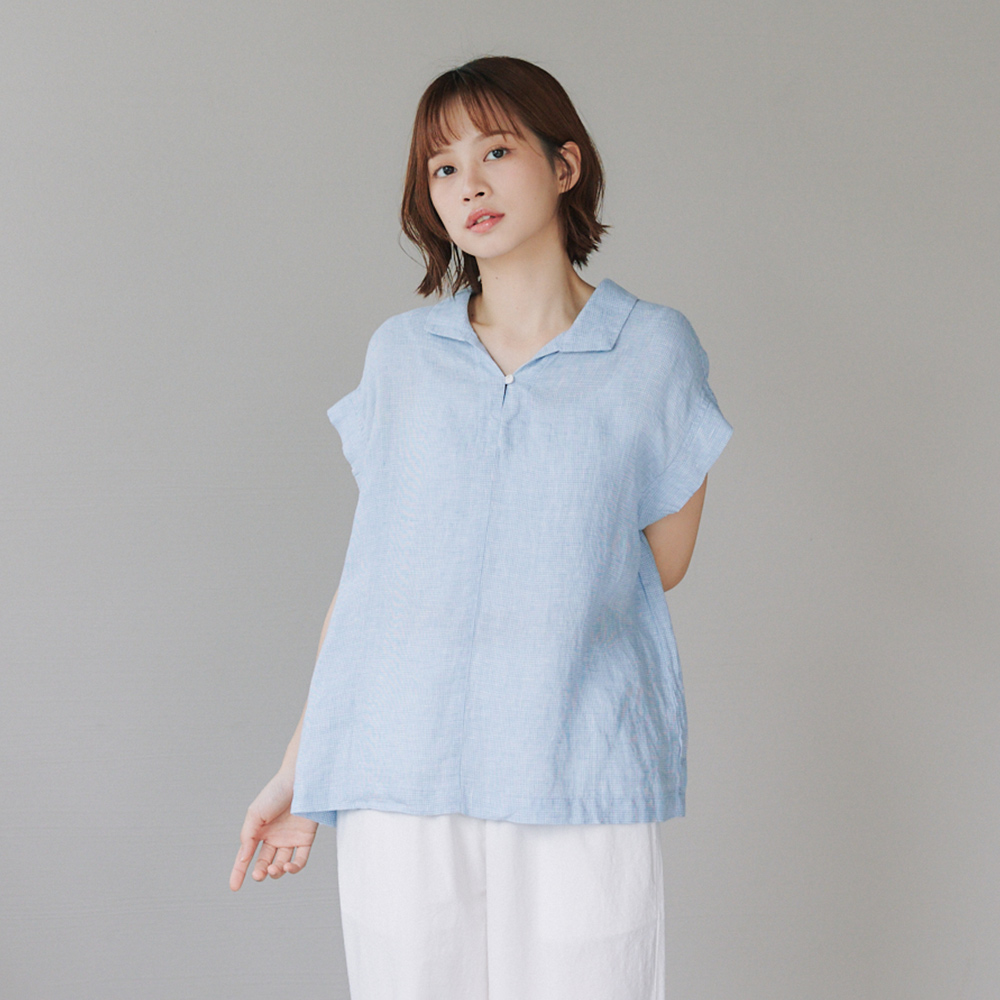 亞麻千鳥格無袖上衣 藍F