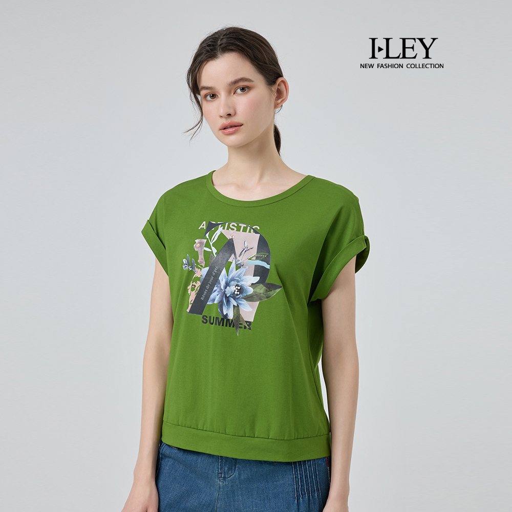 ILEY伊蕾 連肩袖膠印縲縈棉質上衣(綠；M-2L)_0