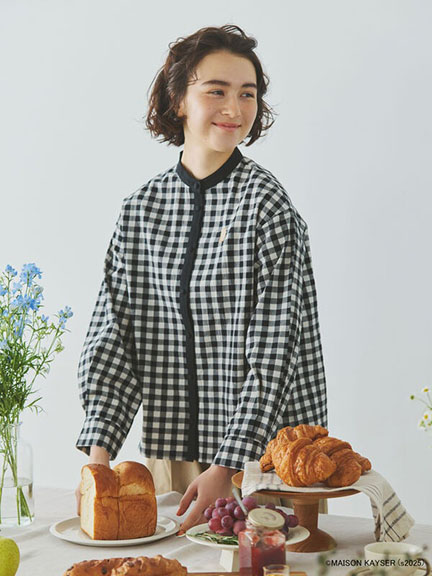 MAISON KAYSER聯名-格紋/條紋麵包圖案刺繡無領襯衫(0F000820610) - Samansa Mos2