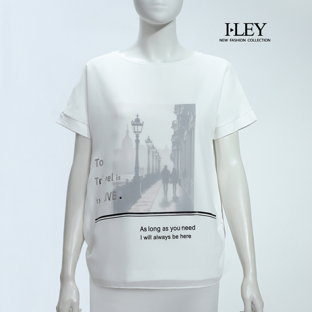 ILEY伊蕾 彈性棉質拼歐根紗印花T恤(白；M-2L)_0
