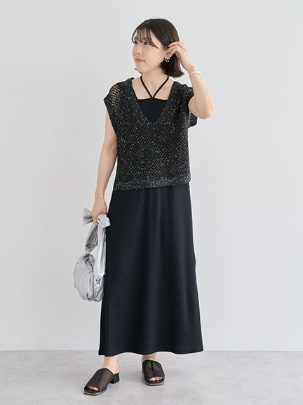 【SET ITEM】金銀金蔥網眼背心+綁帶羅紋背心洋裝(06000374700) - Green Parks