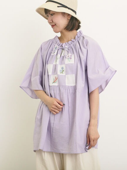 花卉刺繡格子拼布荷葉摺邊圓領上衣(0F000869610) - Samansa Mos2