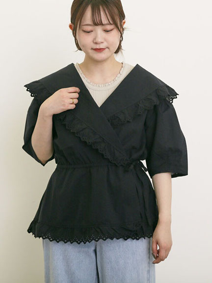 甜美蕾絲花邊大翻領側綁帶短袖襯衫(0F000936910) - Samansa Mos2