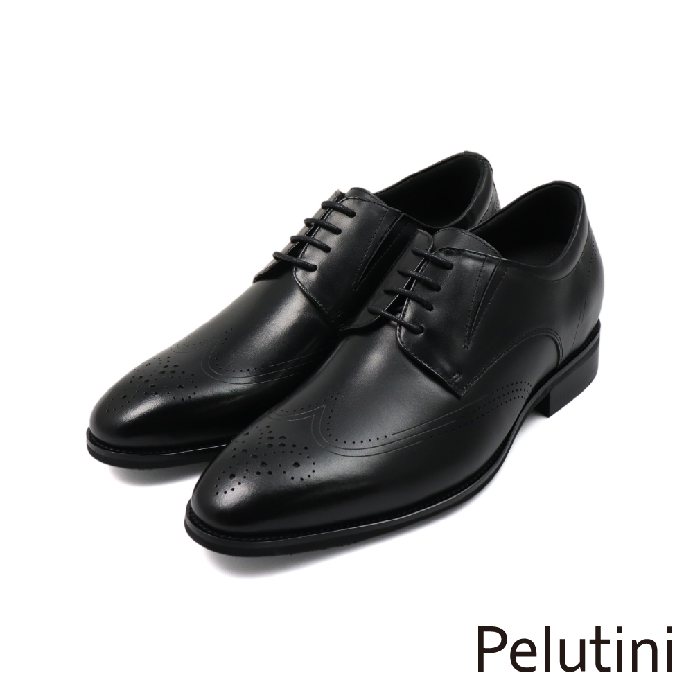 【Pelutini】經典側開角雙翼線點飾綁帶德比鞋 黑色(511118-BL)