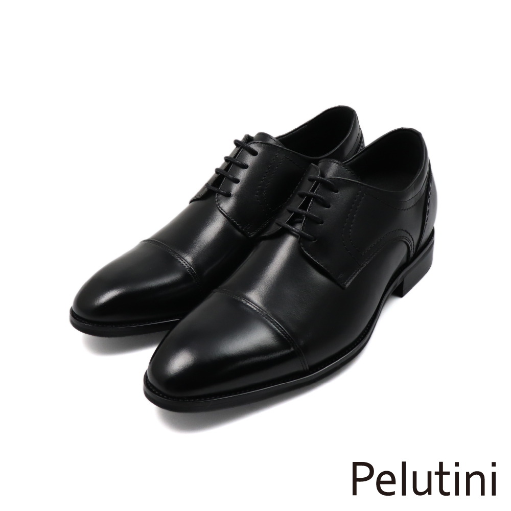 【Pelutini】質感商務雙車縫線橫飾綁帶德比鞋 黑色(513116-BL)