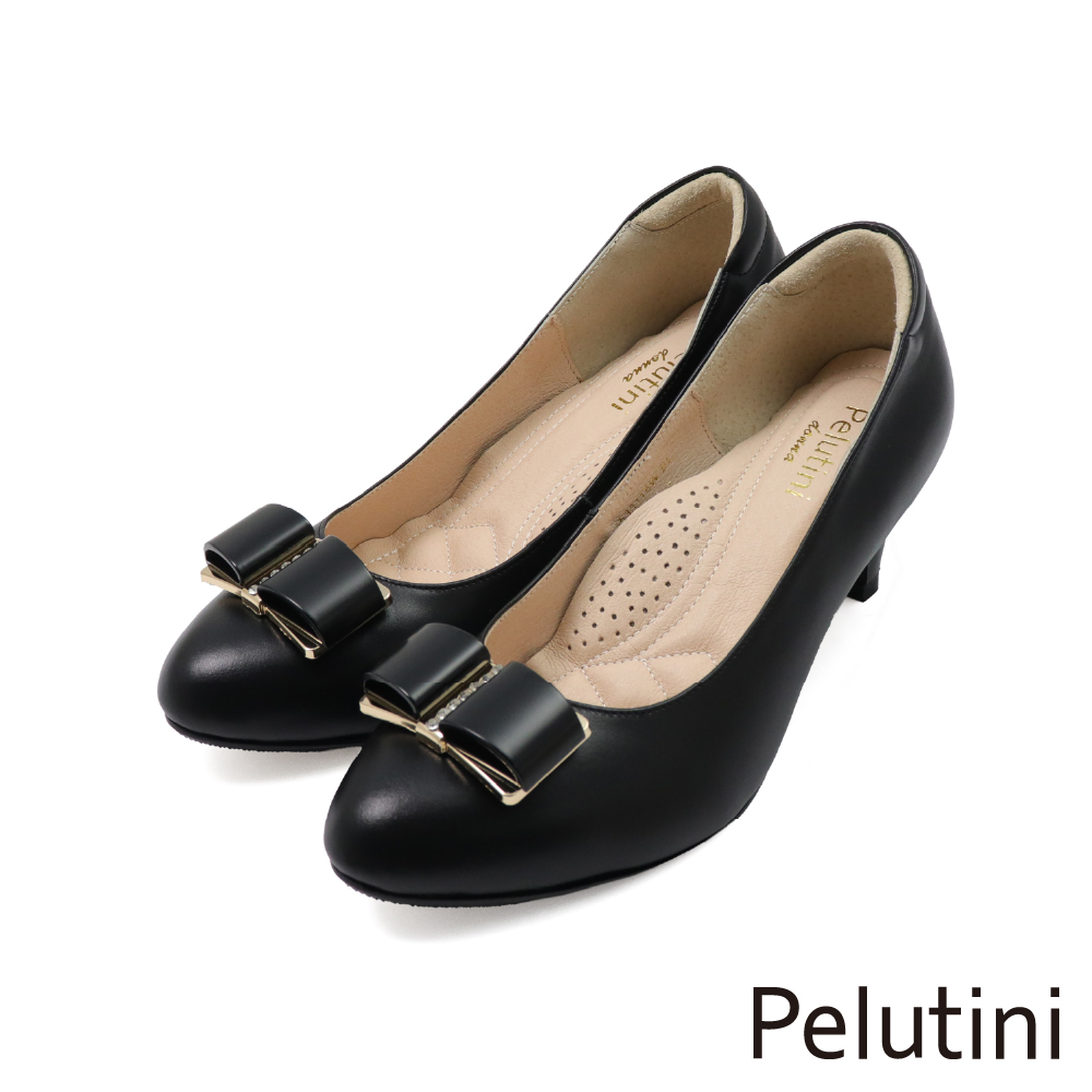 【Pelutini】經典小排鑽蝴蝶結釦飾圓頭高跟鞋 黑色(533116W-BL)