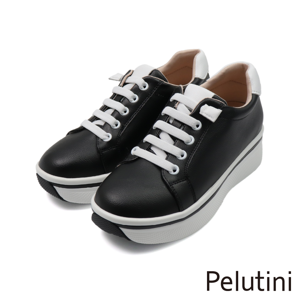 【Pelutini】厚底增高簡約撞色免綁帶休閒鞋 黑色(535121W-BL)