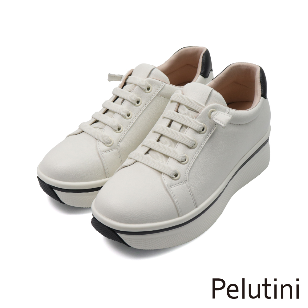 【Pelutini】厚底增高簡約撞色免綁帶休閒鞋 白色(535121W-WH)