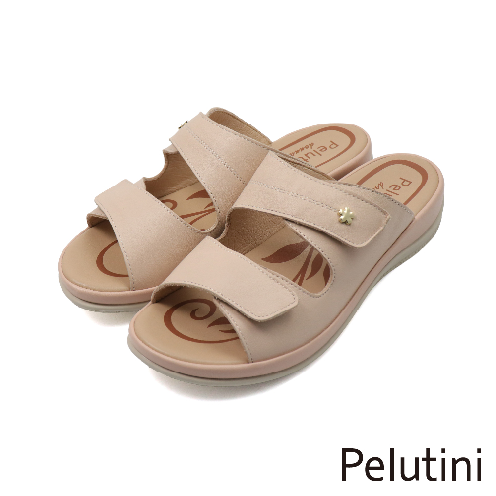 【Pelutini】魔鬼沾寬帶花扣造型軟墊涼拖鞋 米色(542106W-LPIN)