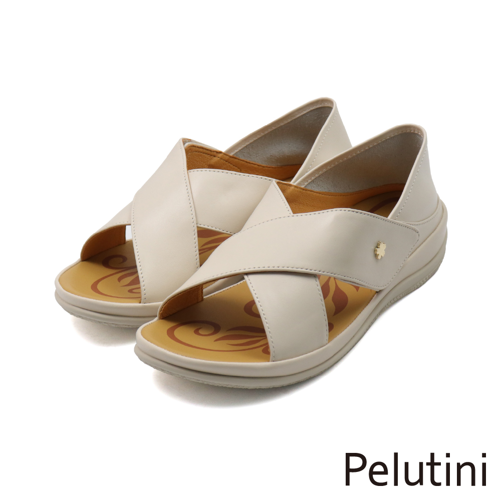 【Pelutini】可調式交錯寬帶花扣造型軟墊涼拖鞋 米色(543109W-IV)