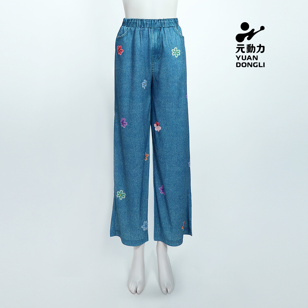 元動力 數位印刷涼感仿牛仔寬褲(藍；S-L)_0