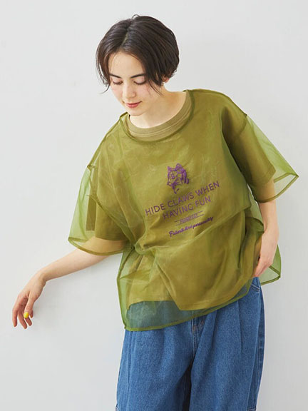 【SET ITEM】素面T恤上衣+圖案標語刺繡薄紗上衣(0F000841010) - Samansa Mos2