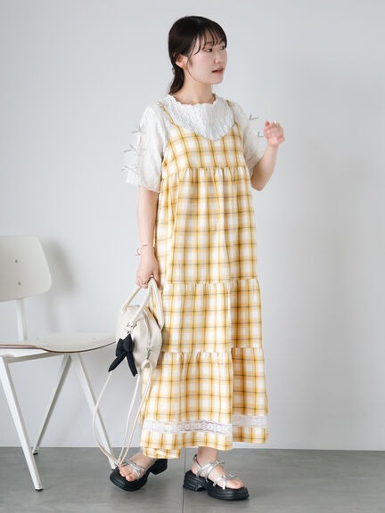 經典格紋蛋糕分層感下襬蕾絲吊帶洋裝(0F000884810) - ehka sopo