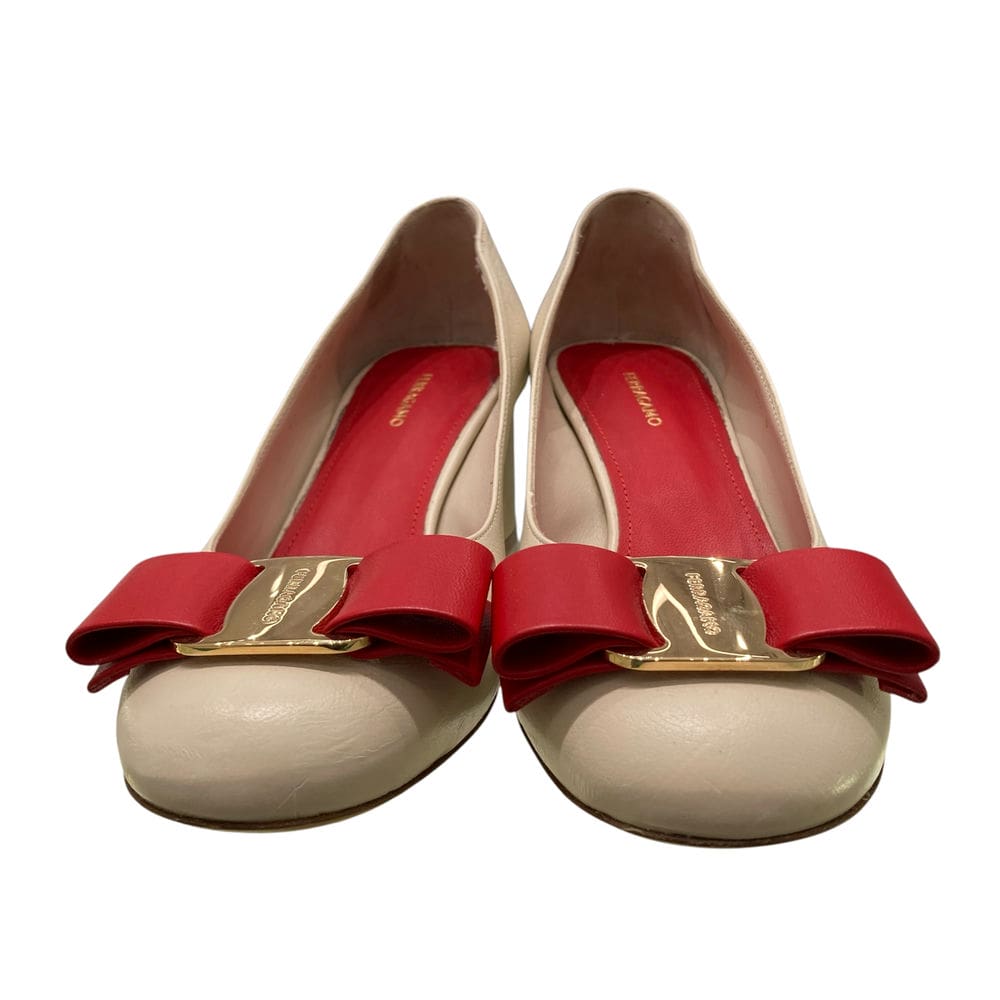 Salvatore Ferragamo/紅色蝴蝶結/奶油色撞色/Melena/跟鞋