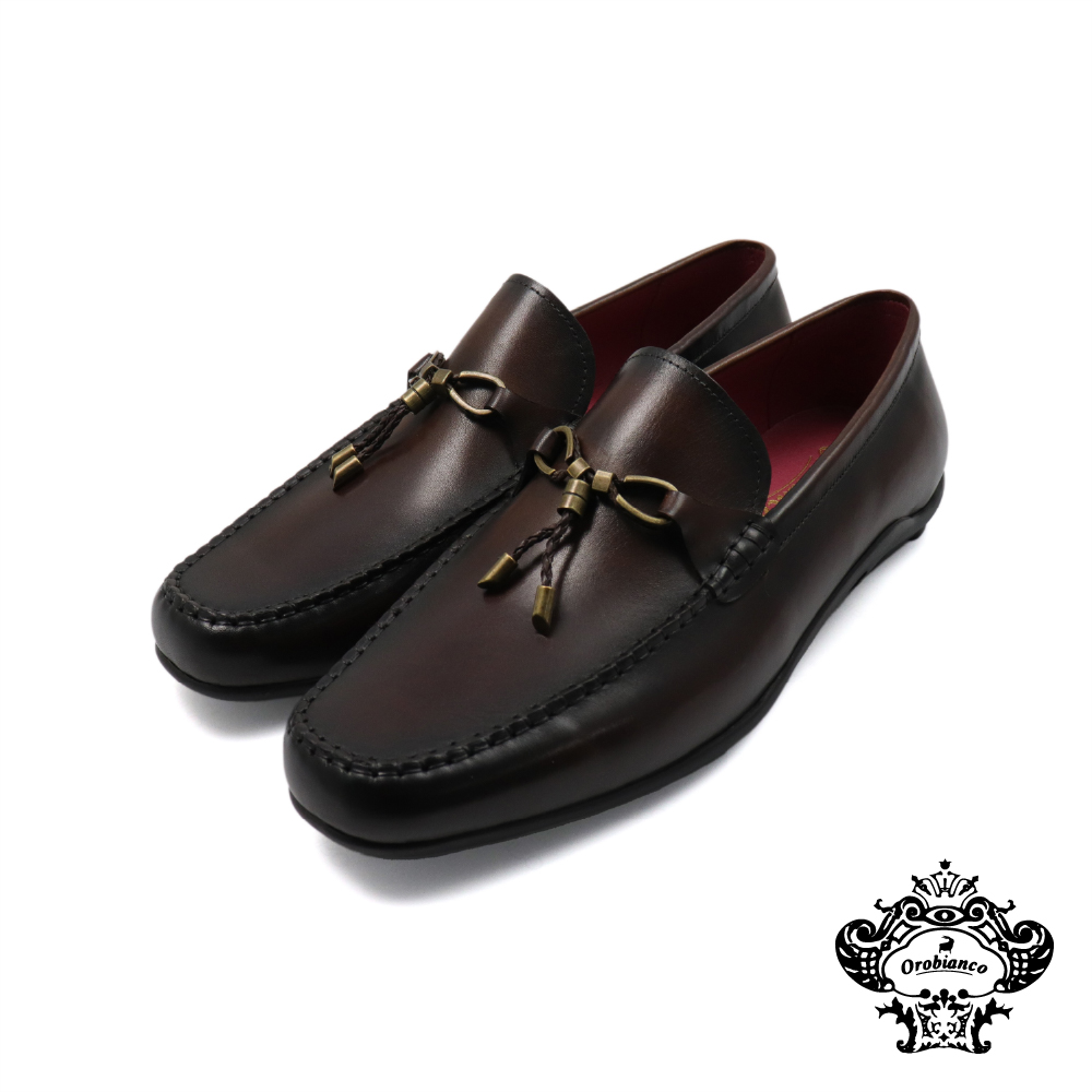 【Orobianco】真皮刷染色復古皮繩配飾豆豆樂福鞋 深棕色(OR28785-DBR)