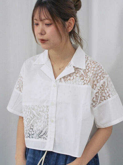 氣質蕾絲拼布造型短版翻領襯衫(0F000953210) - ehka sopo