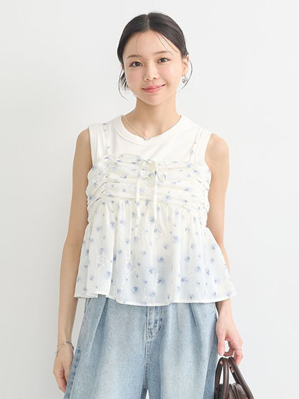 碎花打印植物刺繡平口背心上衣(01000790900) - earth music&ecology