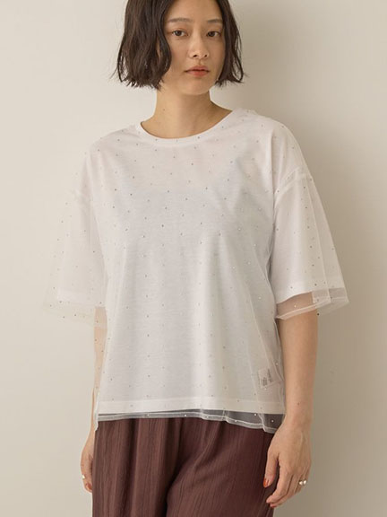 【SET ITEM】水鑽鑲嵌薄紗上衣+素面落肩T恤(0H000429700) - AMERICAN HOLIC