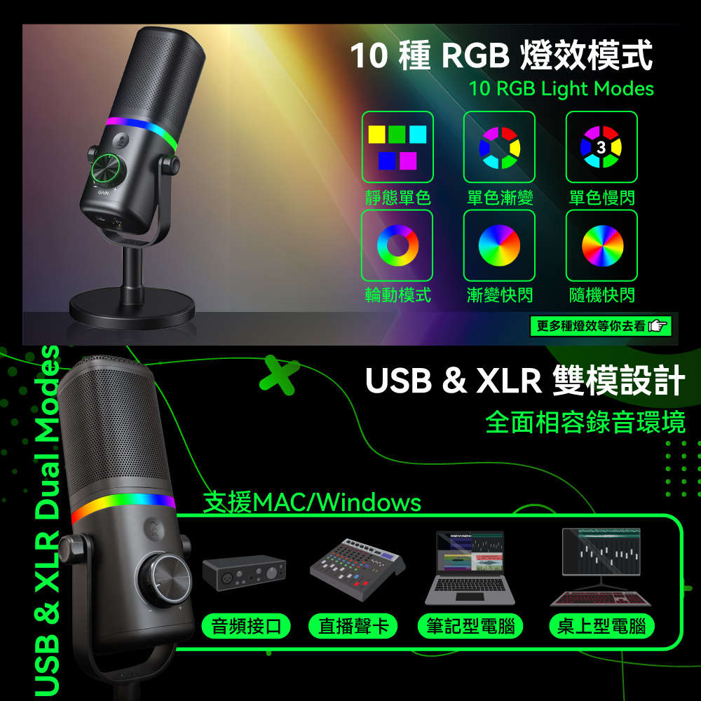 USB & XLR Dual Modes10 種 RGB 燈效模式10 RGB Light Modes靜態單色單色漸變單色慢閃輪動模式漸變快閃隨機快閃更多種燈效等你去看USB & XLR 雙模設計全面相容錄音環境支援MAC/Windows音頻接口 直播聲卡 筆記型電腦桌上型電腦