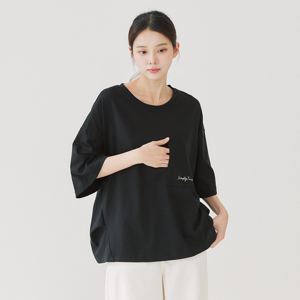 口袋刺繡棉T 黑F