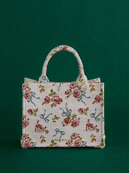 ART de LYS聯名-優雅玫瑰絲帶圖案方形托特包【S】(08000688800) - Maison de FLEUR