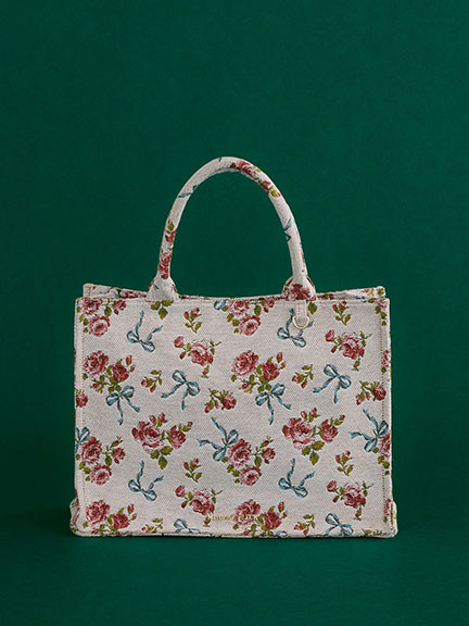 ART de LYS聯名-優雅玫瑰絲帶圖案方形托特包【M】(08000688900) - Maison de FLEUR