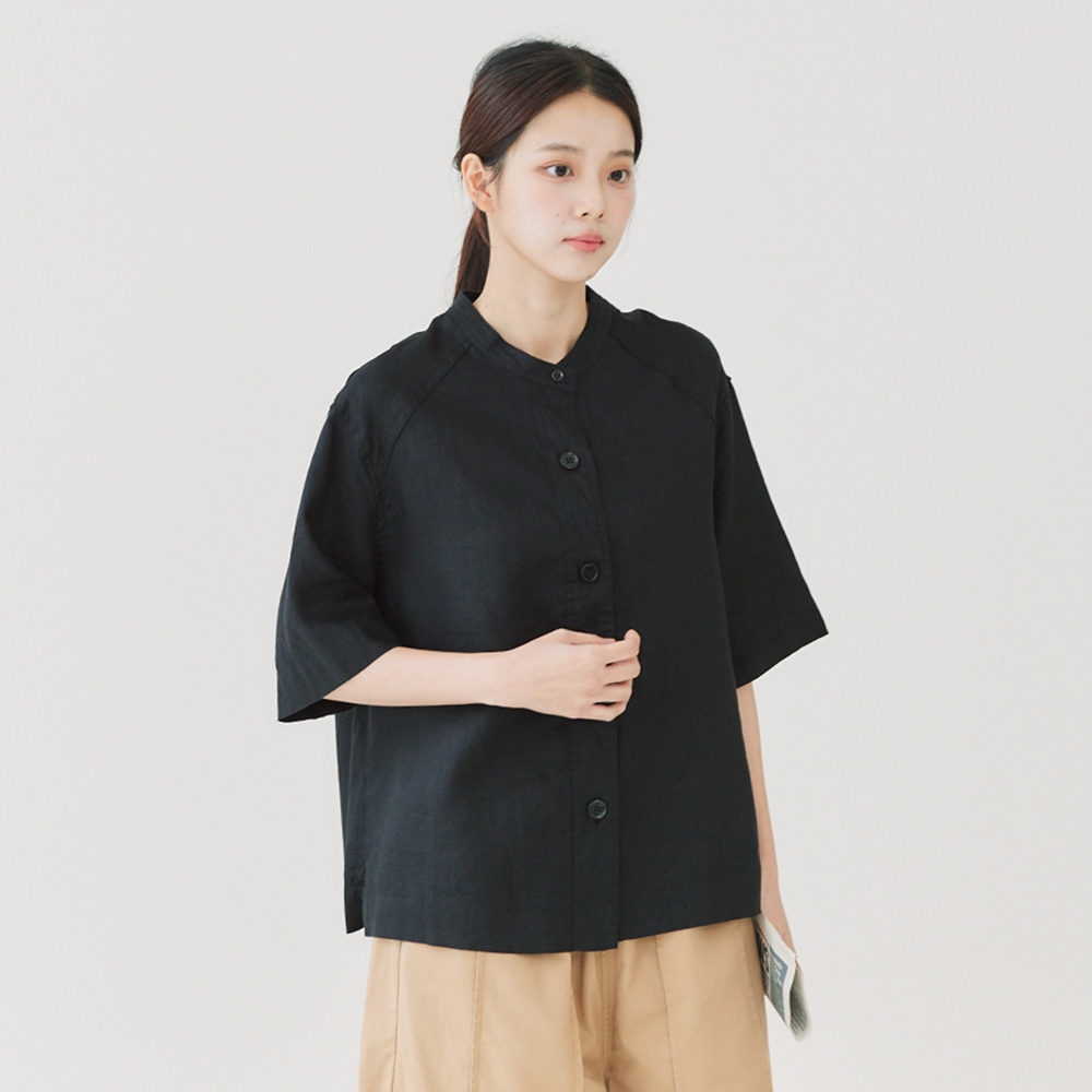 亞麻叉肩袖襯衫 黑F