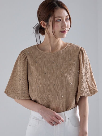 金屬點點綴式泡泡袖紋理感上衣(0F000903510) - Te chichi