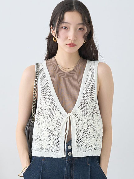 花朵刺繡鏤空網眼針織背心(01000720600) - earth music&ecology