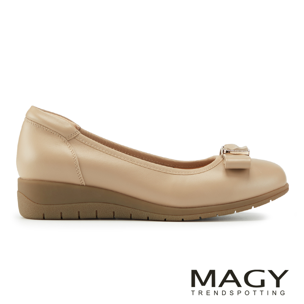 MAGY 柔雅蝴蝶結牛皮厚底楔型鞋  裸色 #15721