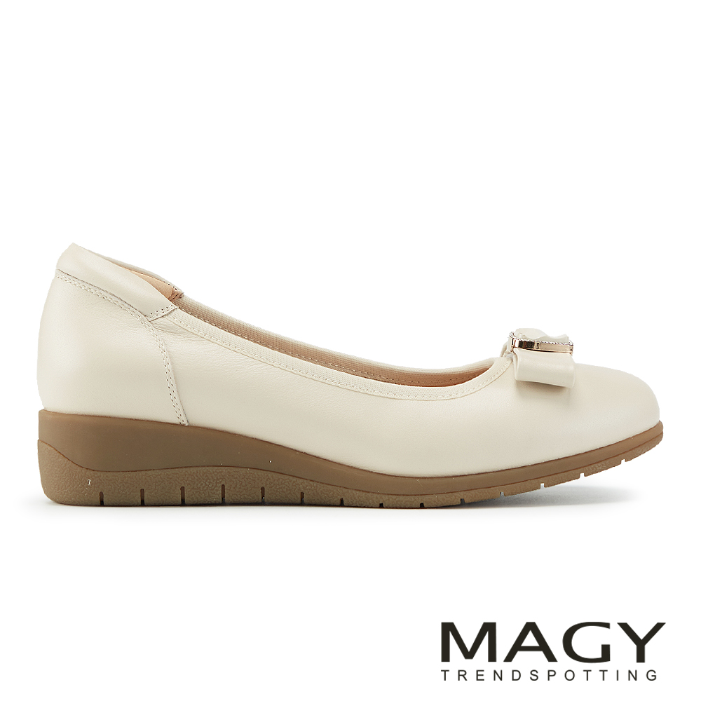 MAGY 柔雅蝴蝶結牛皮厚底楔型鞋  米色 #15721
