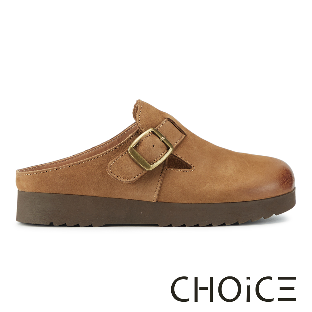 CHOiCE 復古磨砂牛皮平底穆勒拖鞋 棕色 #38807