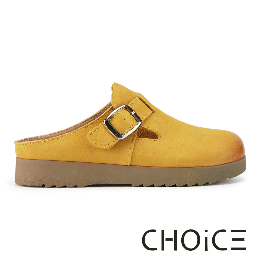 CHOiCE 復古磨砂牛皮平底穆勒拖鞋 黃色 #38807