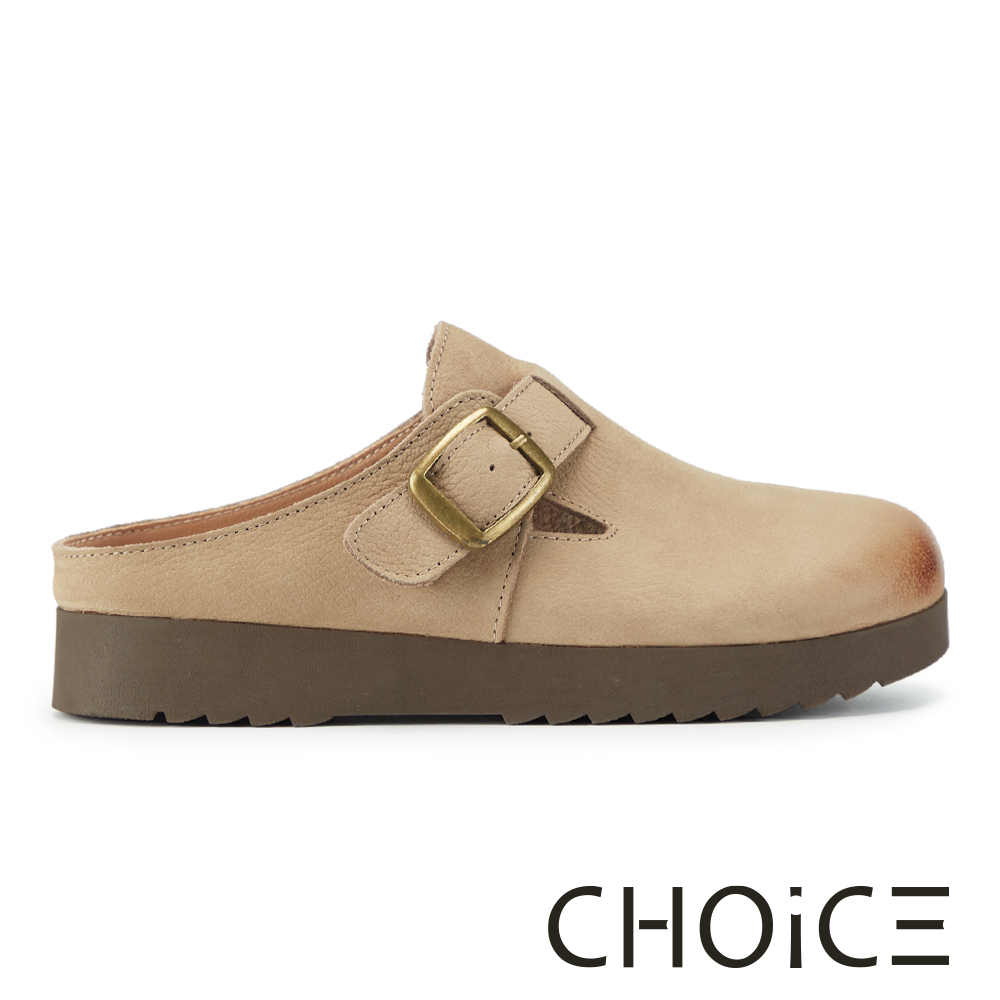 CHOiCE 復古磨砂牛皮平底穆勒拖鞋 淺棕 #38807