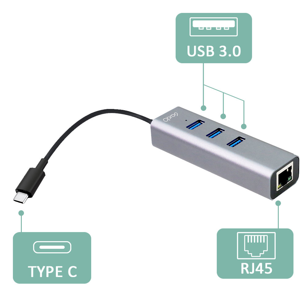Opro9 USB-C 轉 3埠USB3.0 HUB集線器+RJ45高速網路卡_5